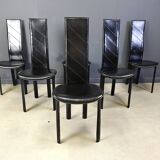 Chaises de salle à manger vintage en cuir noir à dossier haut, lot de 6, années 1980