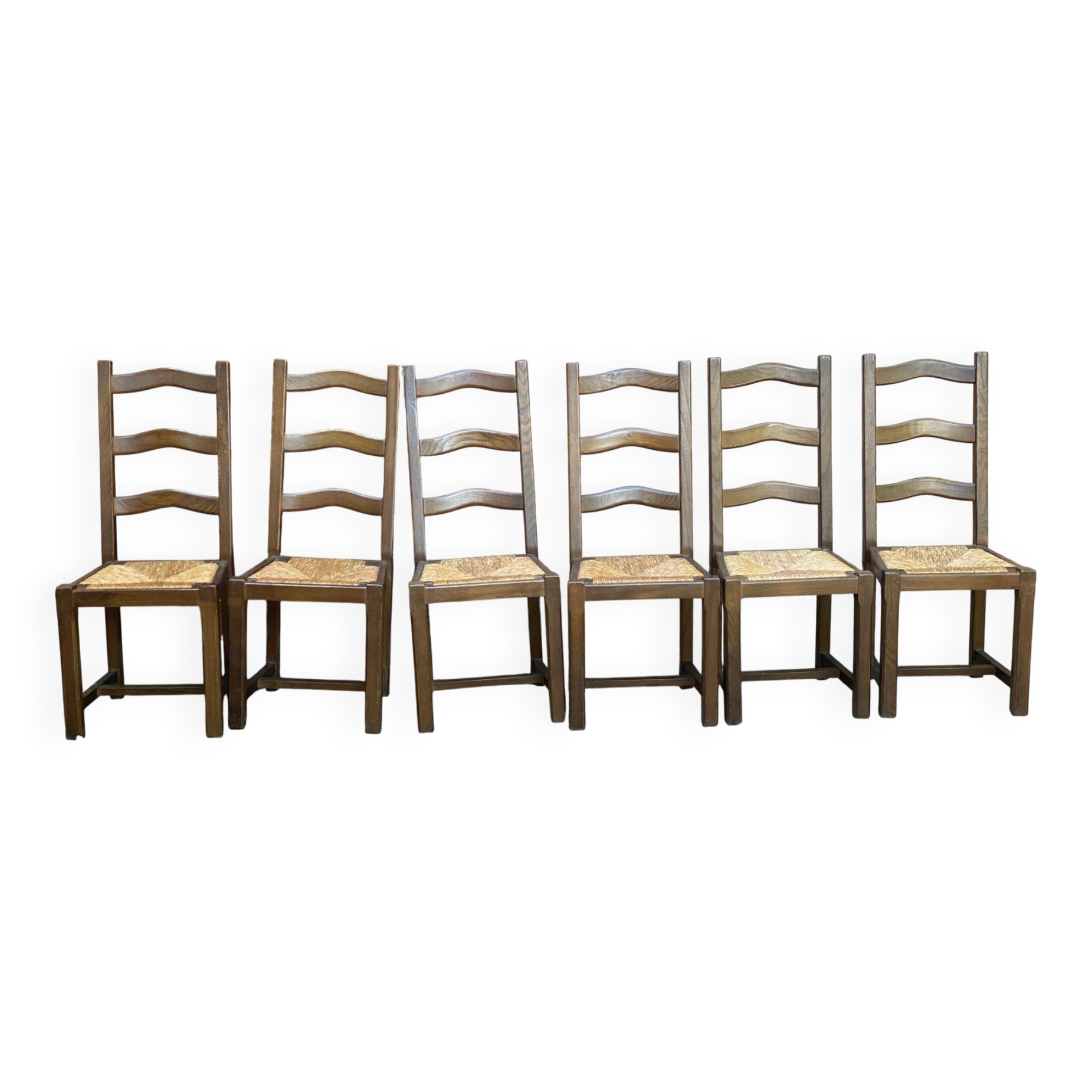 6 chaises à manger bois massif foncé paillées des années 70