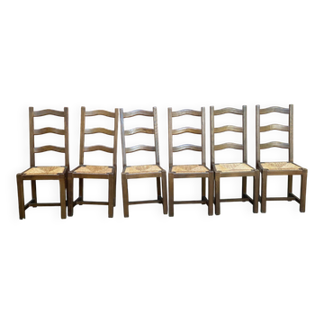 6 chaises à manger bois massif foncé paillées des années 70