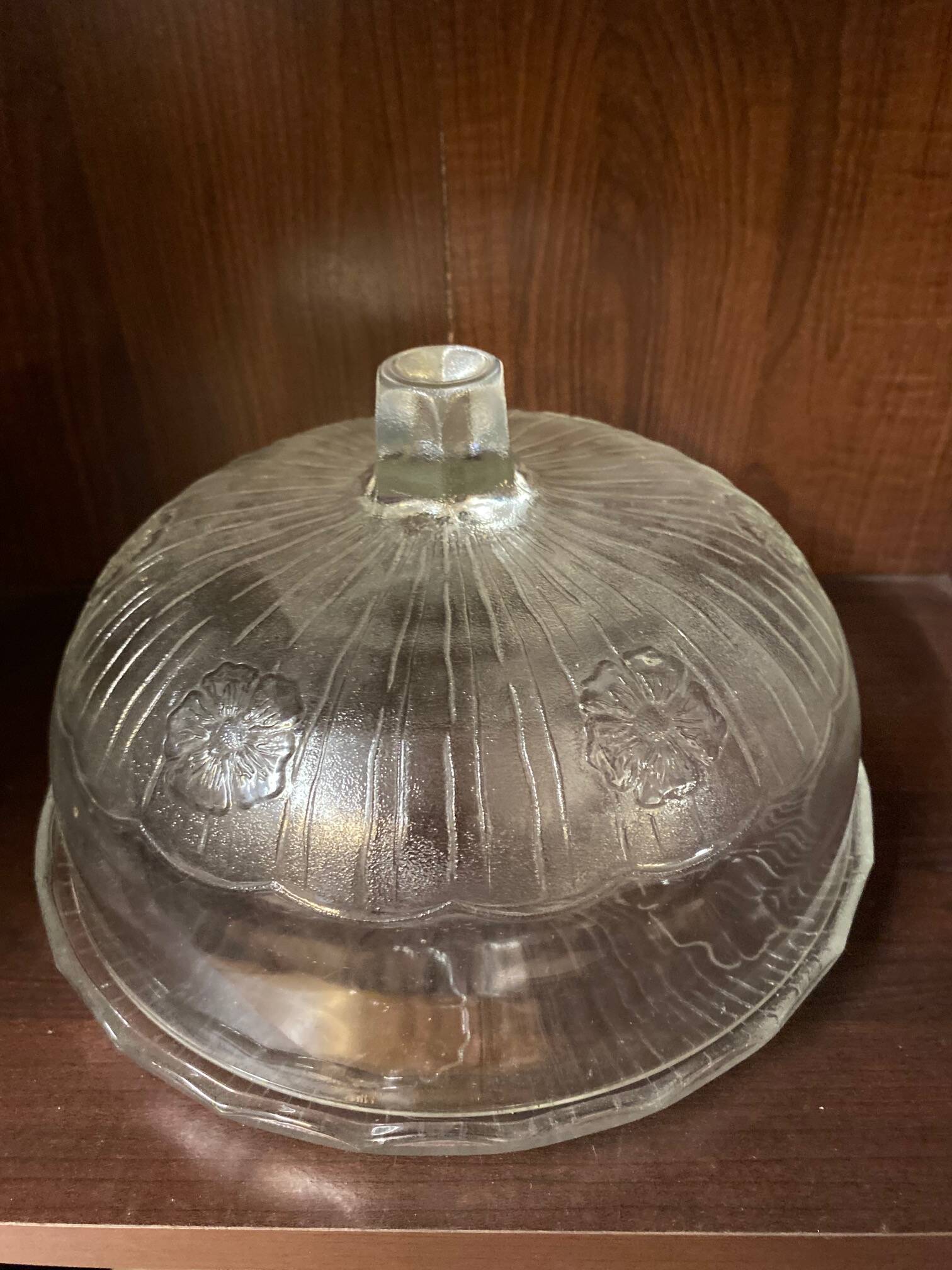 Cheese cover cake dish glass molded with relief flower decor