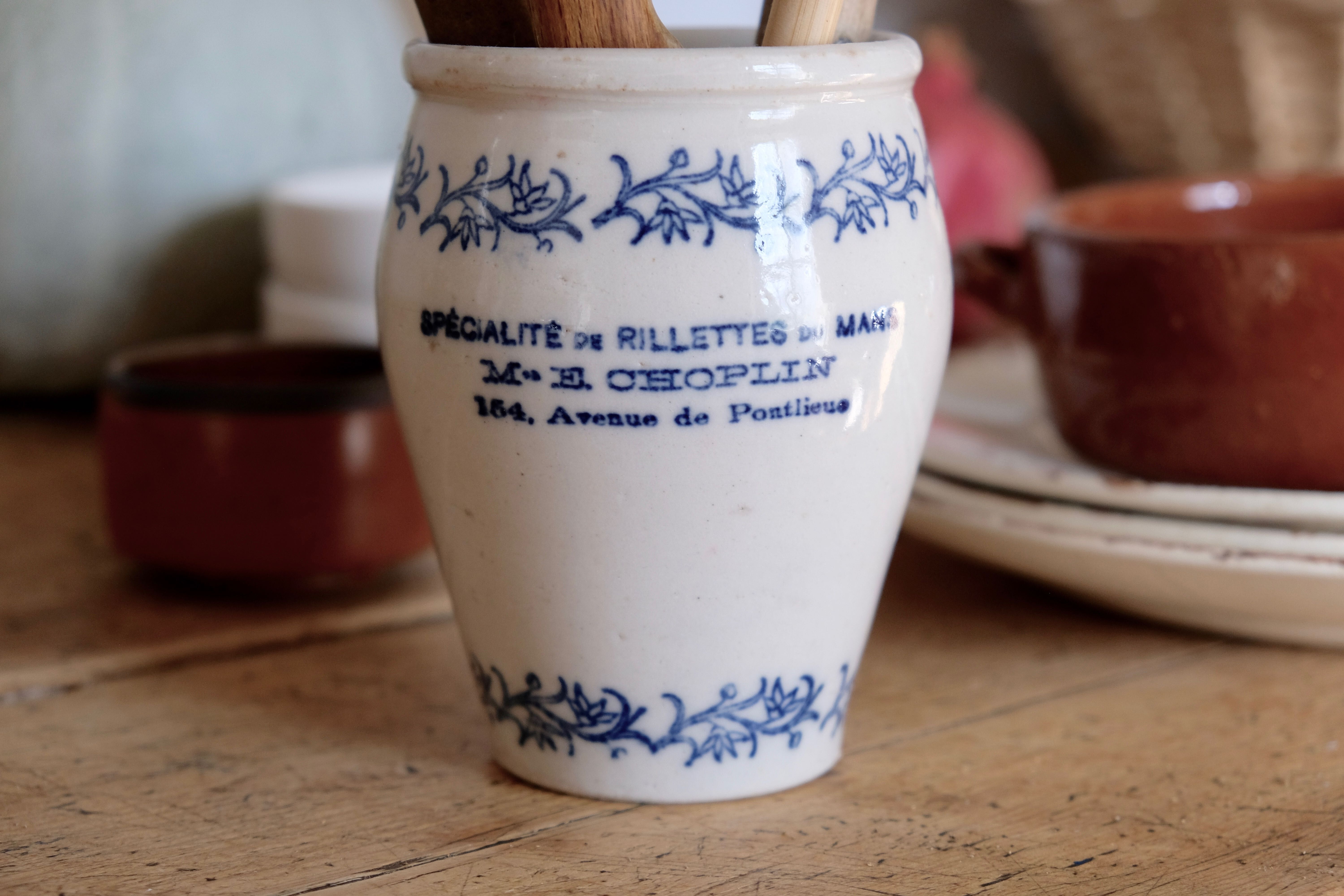 Old sandstone pot glazed beige and blue