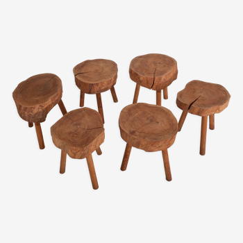 Set de 6 tabourets en bois massif brut forme libre vintage 1970