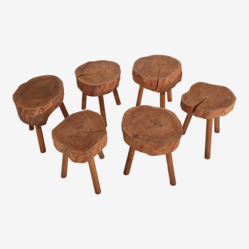 Set of 6 raw solid wood stools vintage freeform 1970