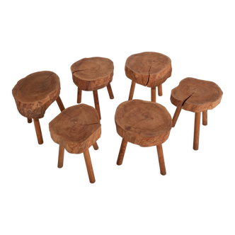 Set of 6 raw solid wood stools vintage freeform 1970