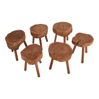 Set de 6 tabourets en bois massif brut forme libre vintage 1970