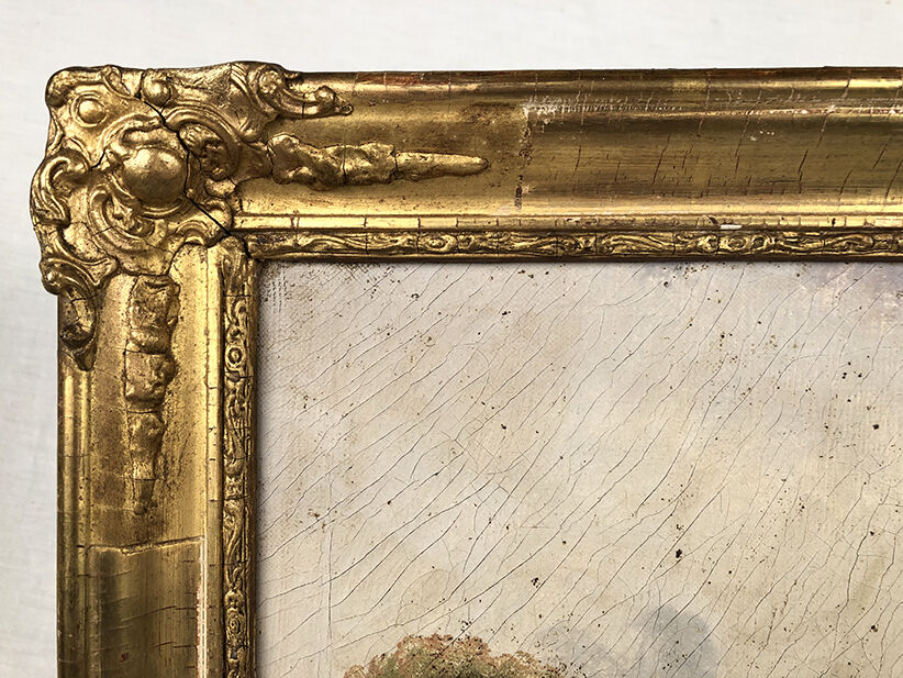 Trumeau decorated with a lively landscape, stuccoed and gilded frame 59x125cm