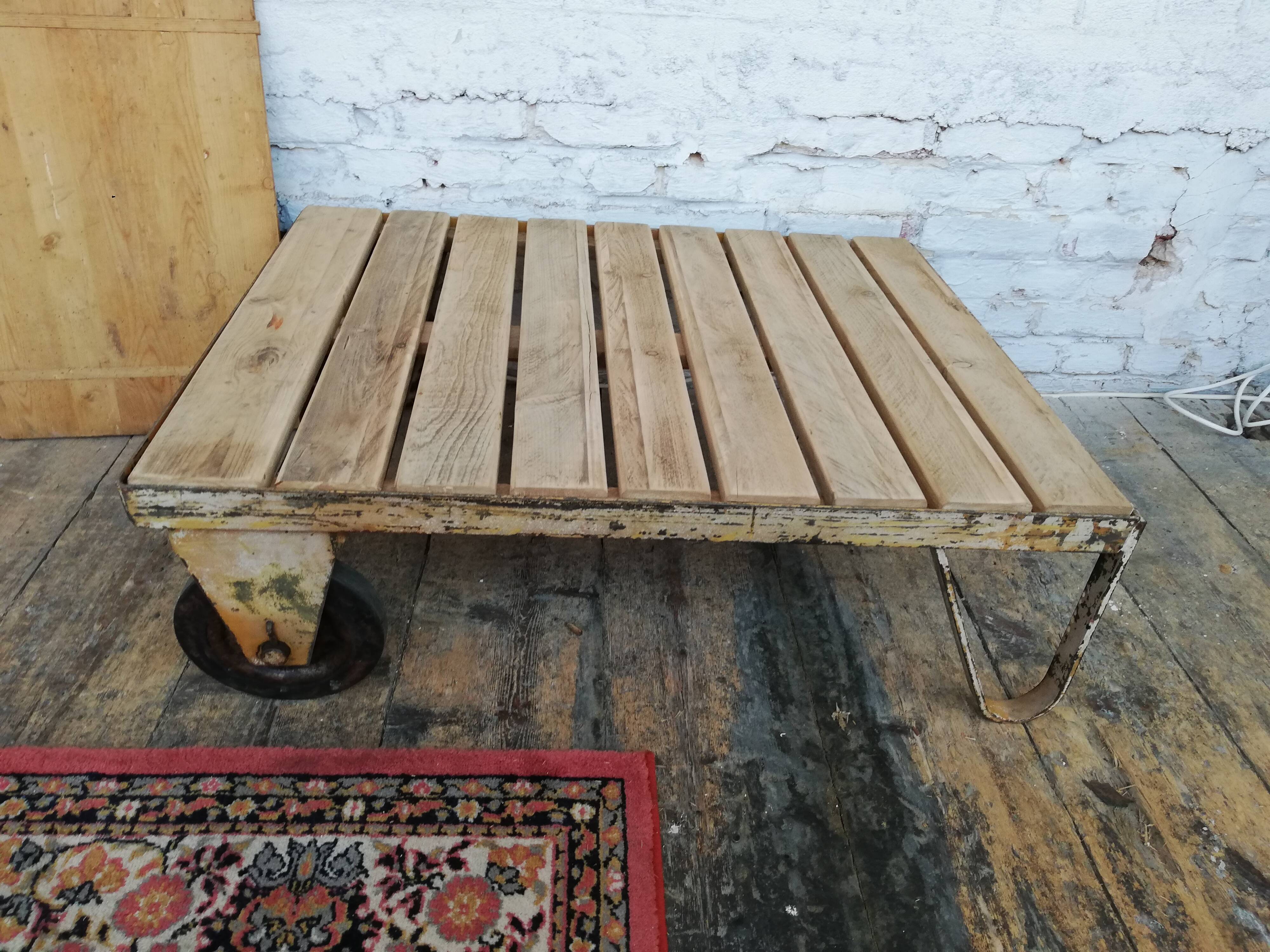 Wooden and metal coffee table, old industrial trolley