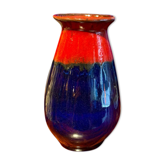Vase en céramique Jasba West Germany rouge et bleu, années 60
