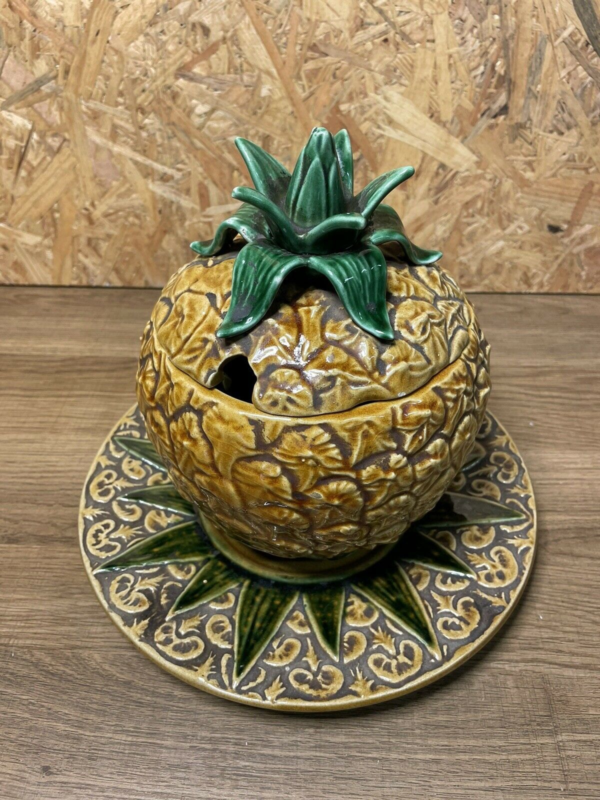 Barbotine ananas vintage ensemble pot et plat, deco exotique