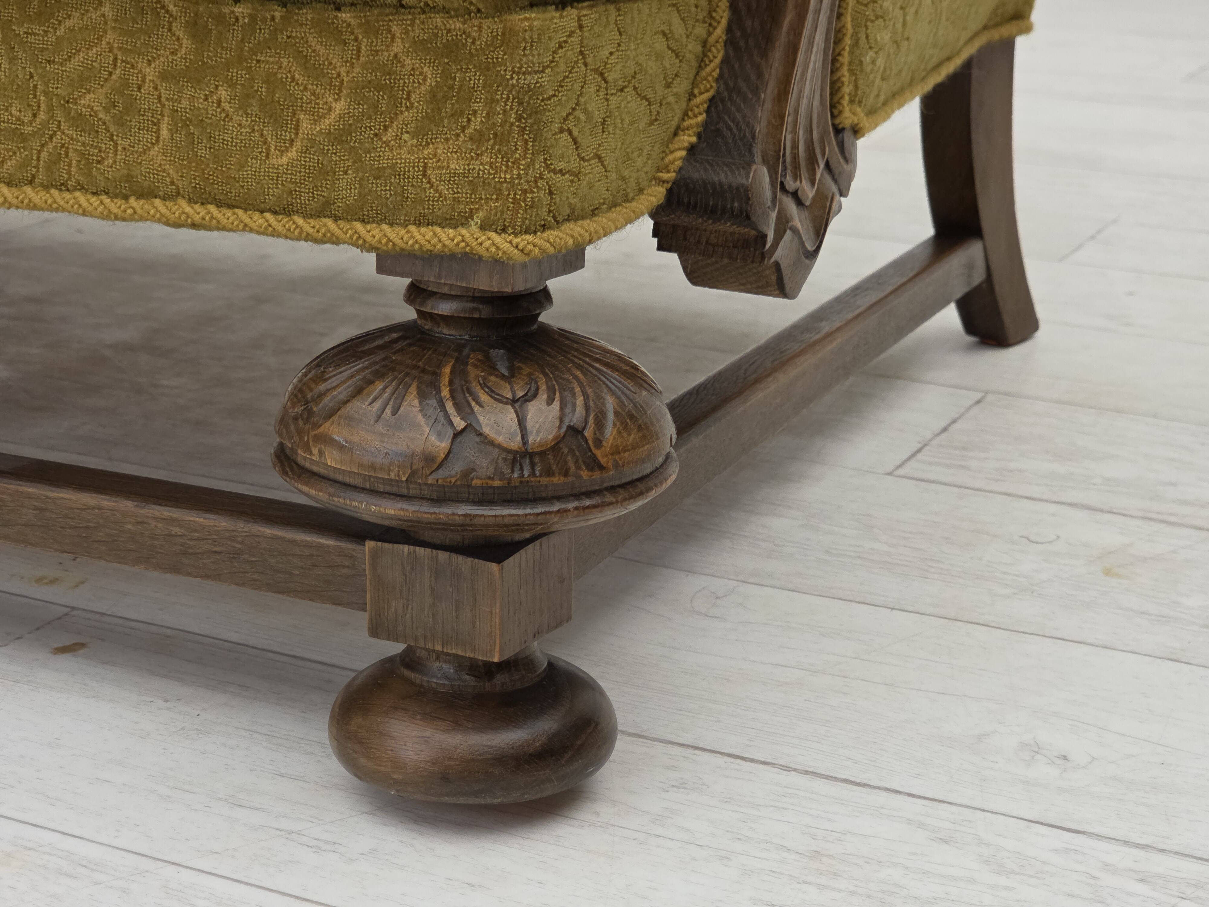 1960s, 3-seater Danish sofa, cotton/wool furniture fabric, solid oak wood.