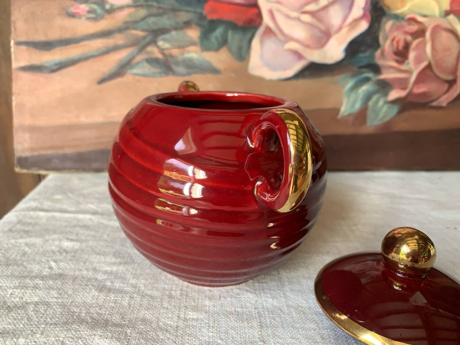 Saint Clément Art Deco Burgundy and Gold Sugar Bowl