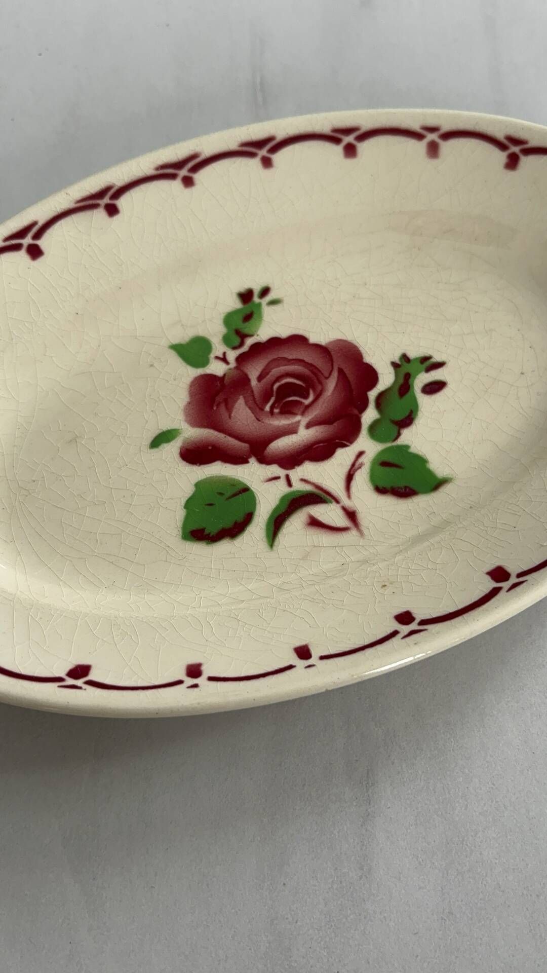 Oval Ravier Badonviller in vintage earthenware, vintage pink red dish.
