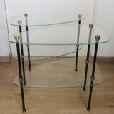2 small side tables in glass and Bakelite with gold nuts from the 1960s.