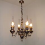 French Vintage Pewter 4 Light Flemish Chandelier Hand Blown Lantern Shades 5104