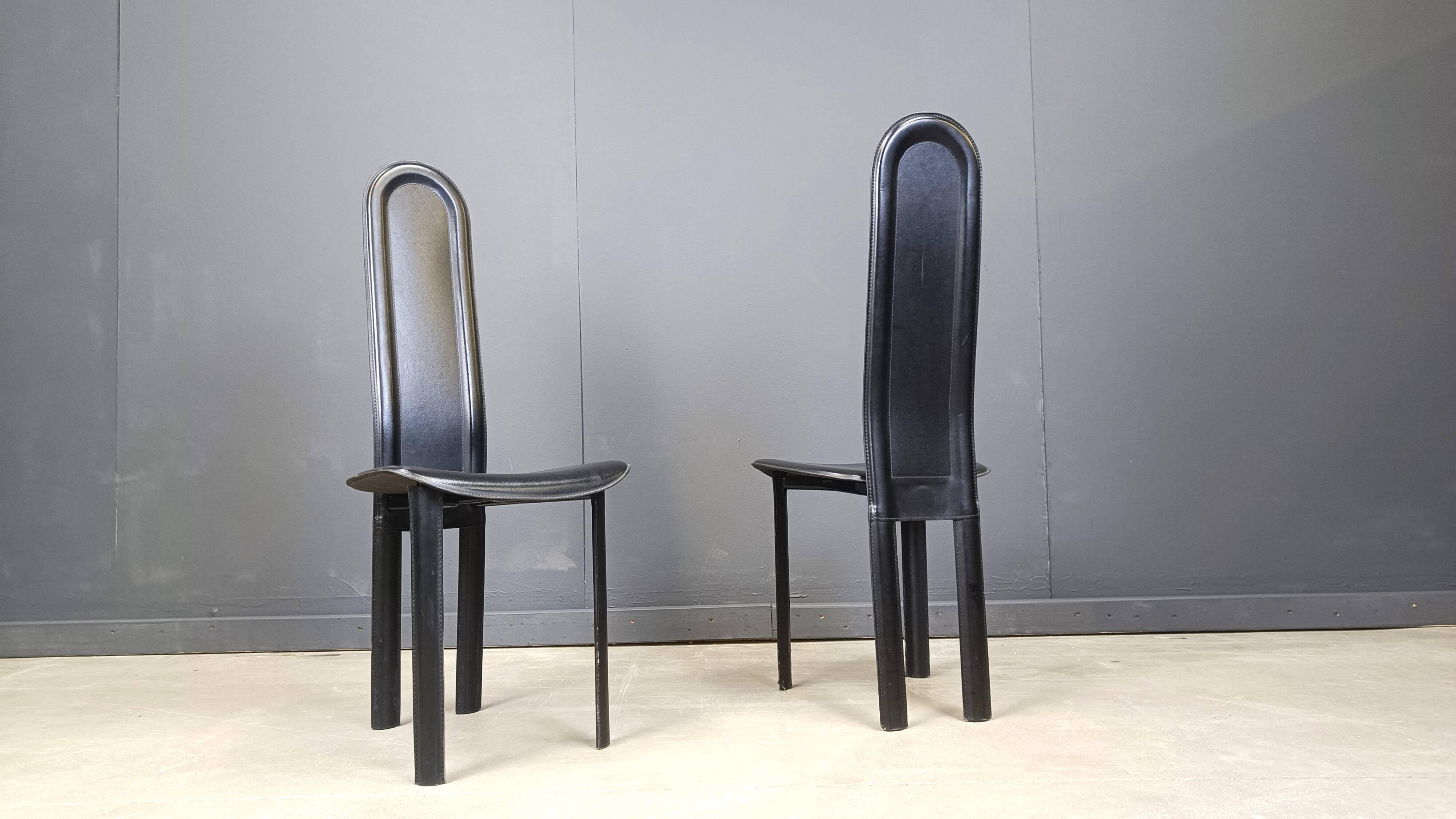 Set of 6 high back leather dining chairs, 1980s