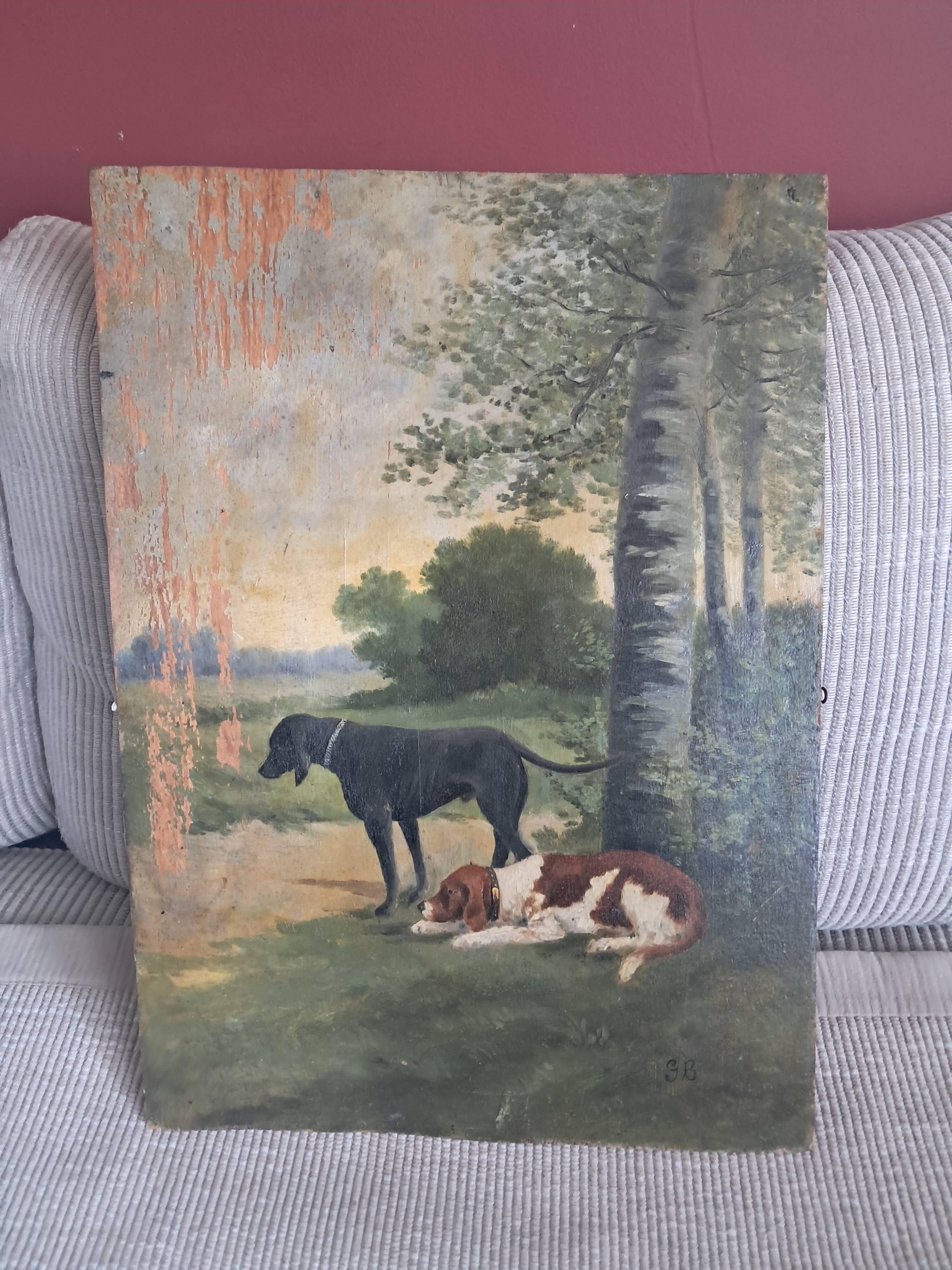 Tableau ancien représentant un paysage avec des chiens