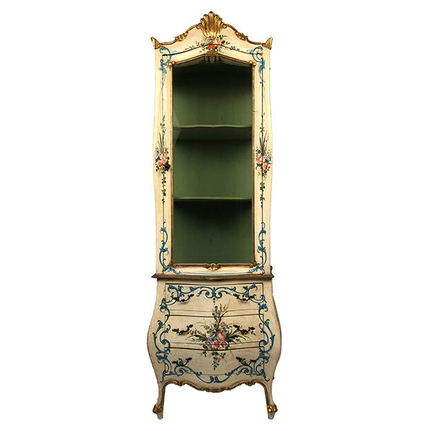 Venetian-style showcase chest of drawers in lacquered wood with flower painted decoration