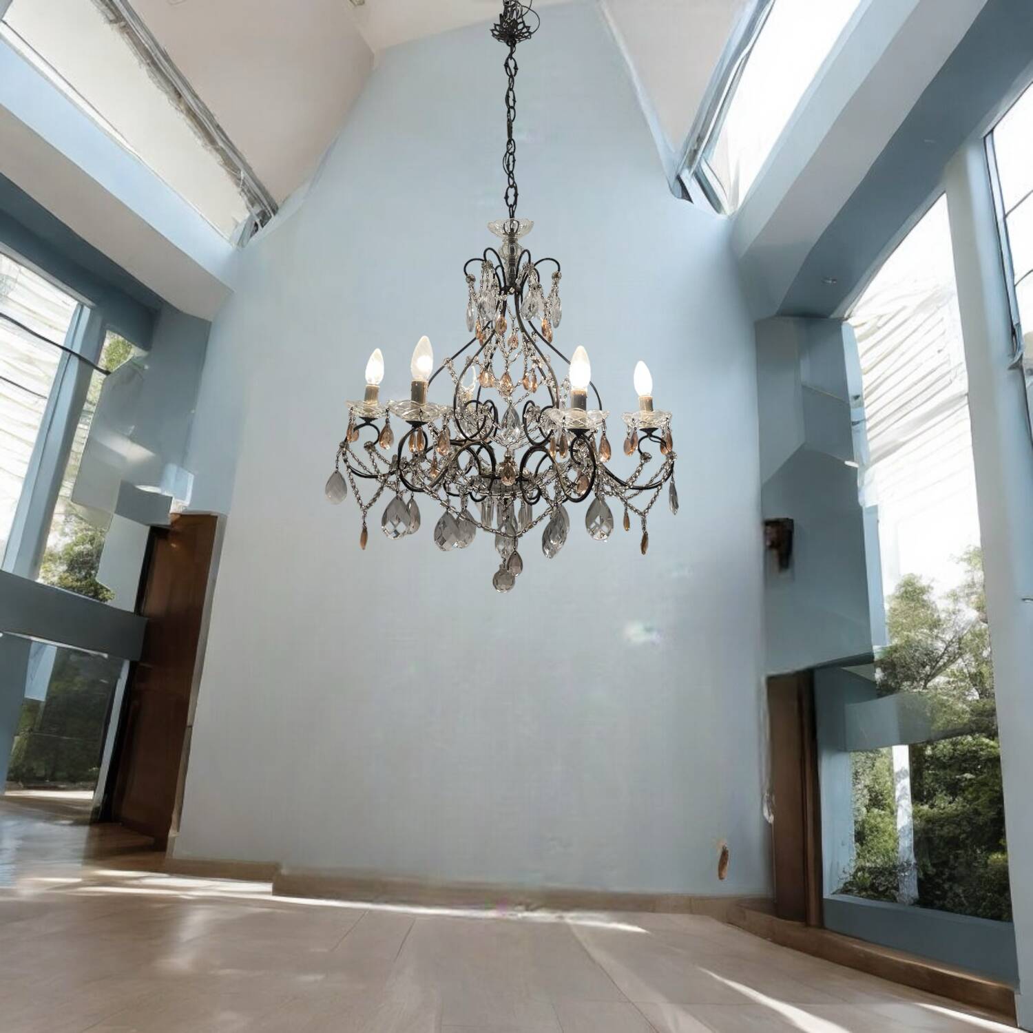 Bronze Pink Crystal Chandelier 1950’s