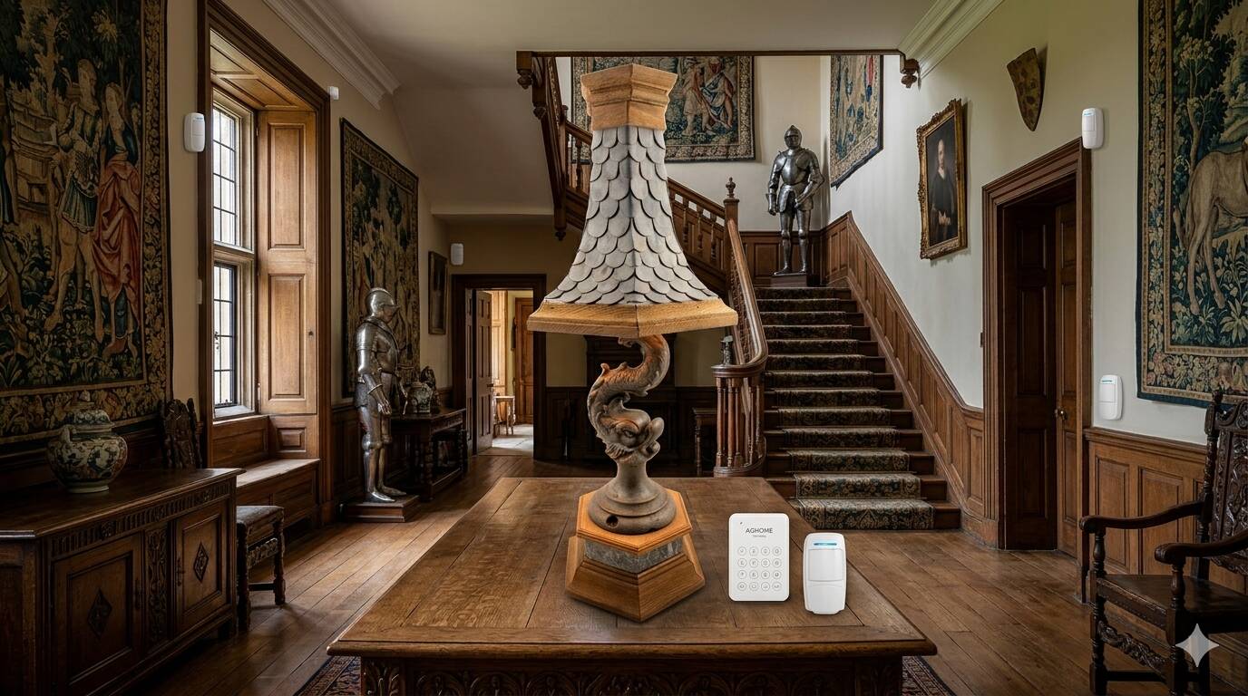 Monumental lamp with a dolphin in cast iron and lead scales - 110cm