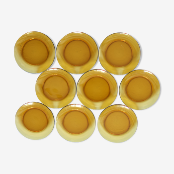 Set of 9 vintage plates in amber glass France
