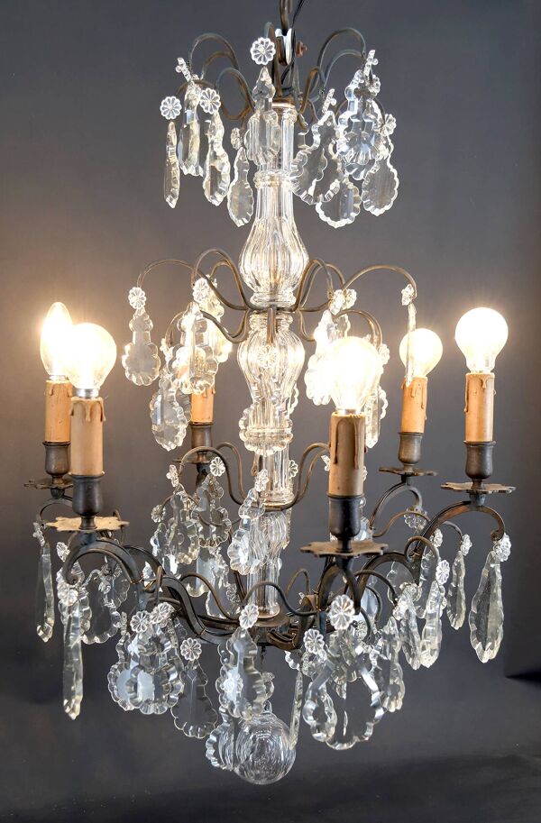 Important lustre cage en bronze, cristal de Baccarat, Style Louis XV, 1900