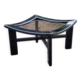 70s design coffee table in black lacquered wood with smoked glass top
