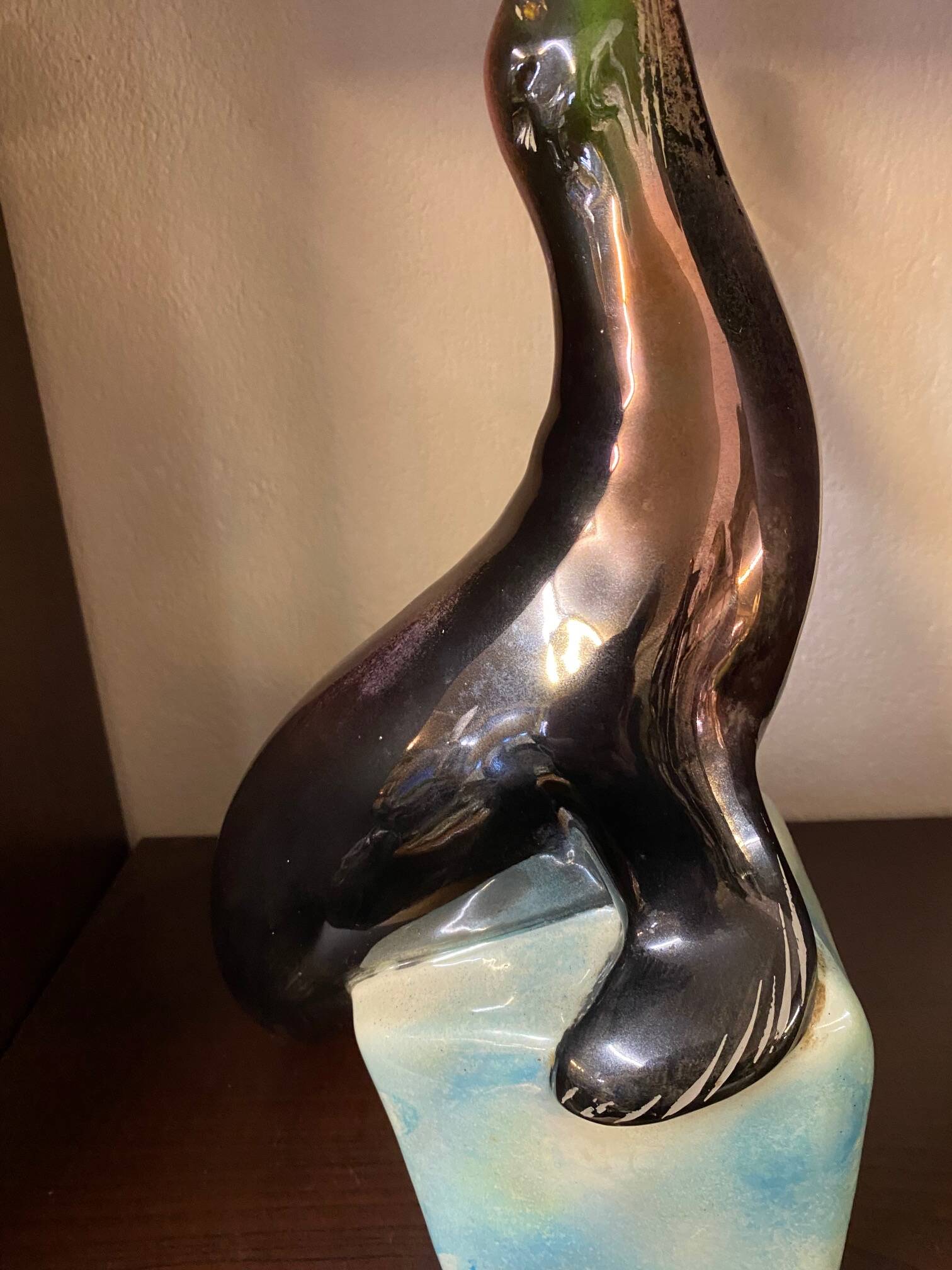 1950s Ceramic Sea Lion Lamp with Black Varnished Enamel, Signed