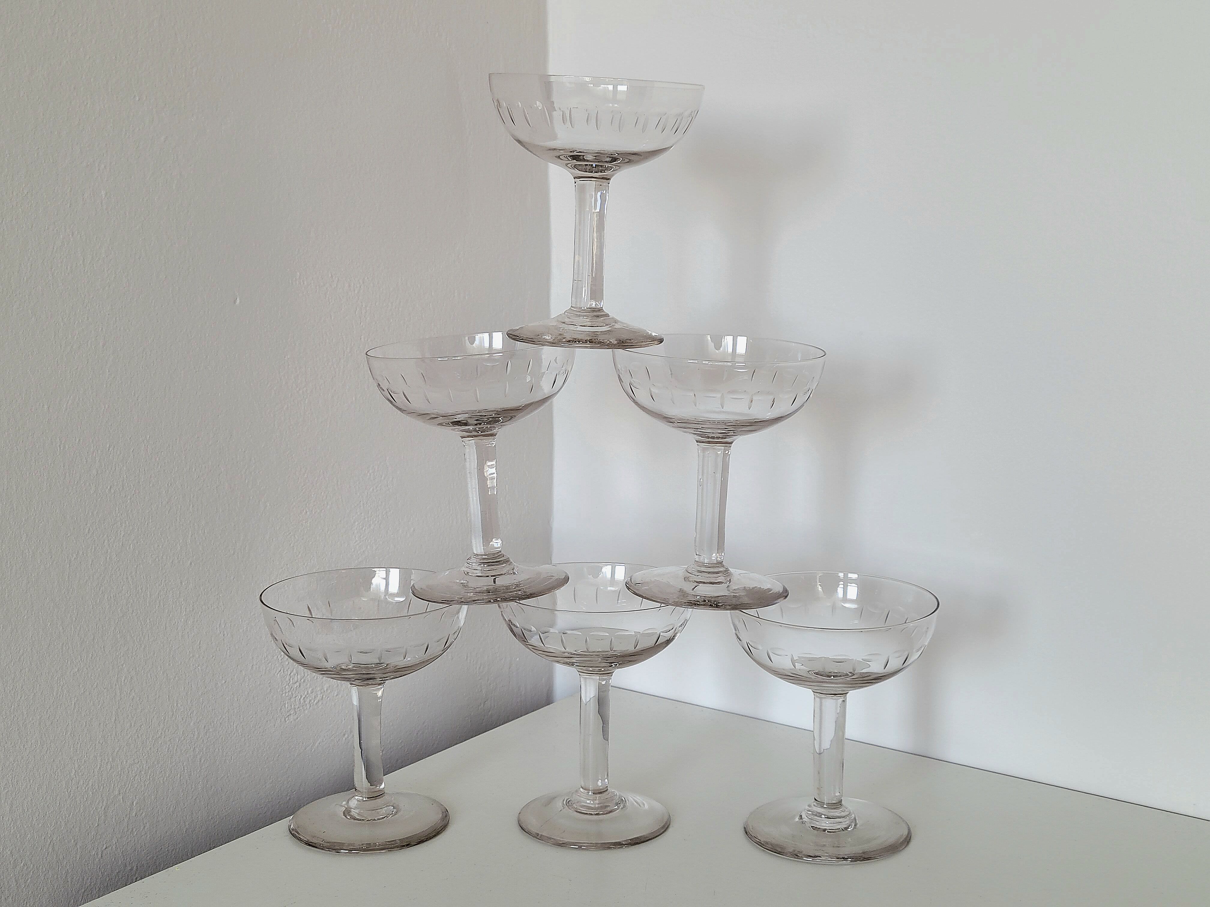 6 old champagne glasses 1930 in blown and cut glass