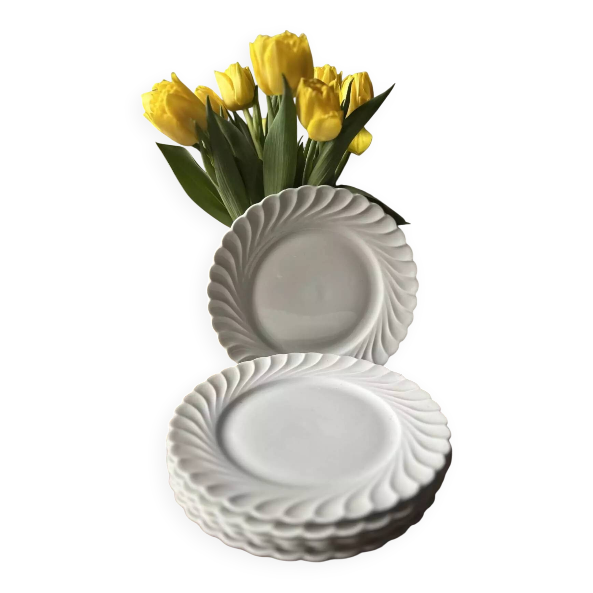 Set of 6 antique twisted white porcelain plates, a beautiful timeless classic.