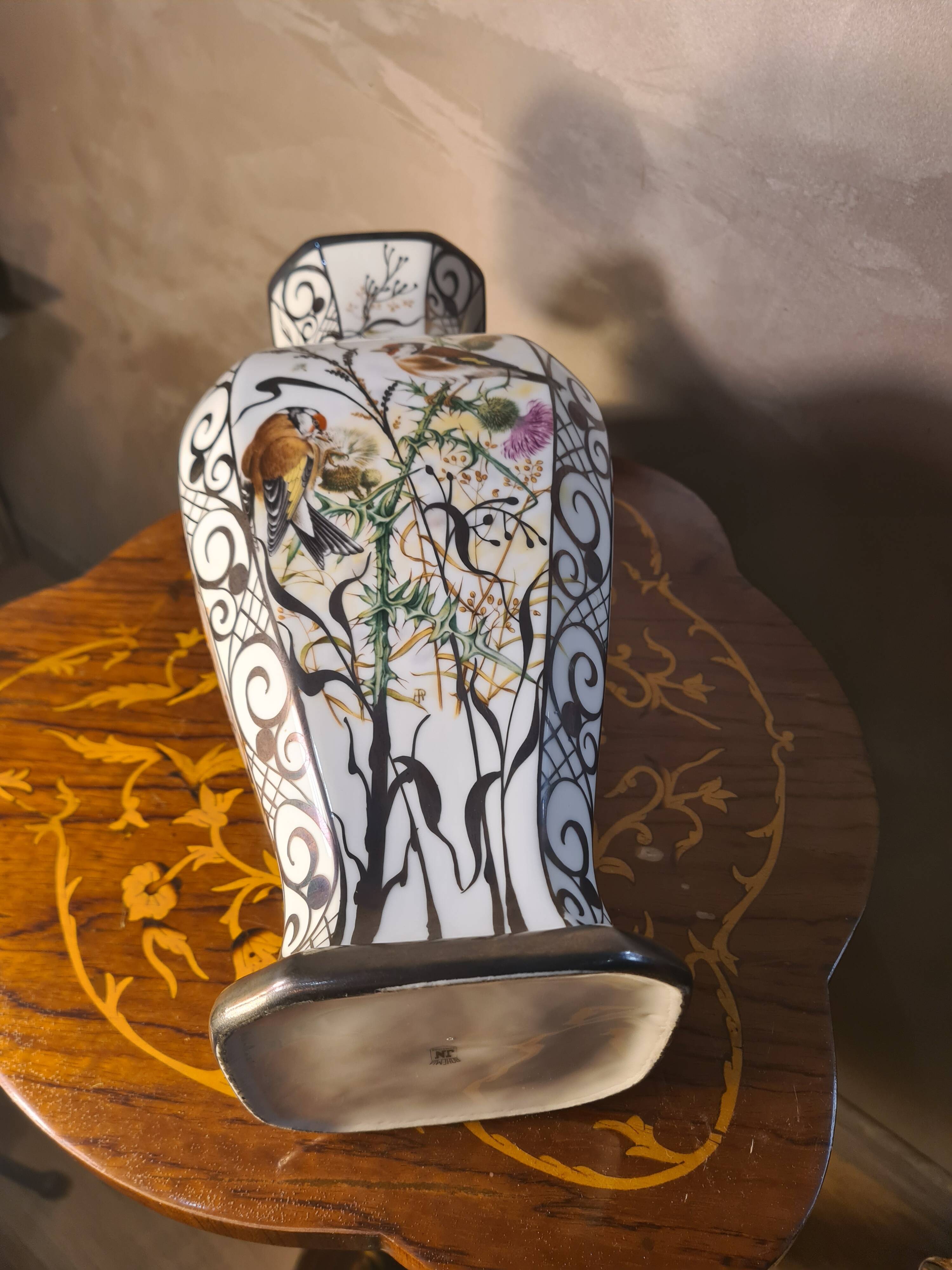 ceramic vase with birds BOHEMIA porcelain 1960 37x17 beautiful size