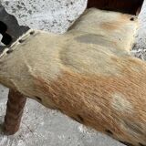 Pair of 1950s Spanish carved solid wood chairs with beige cowhide leather seats