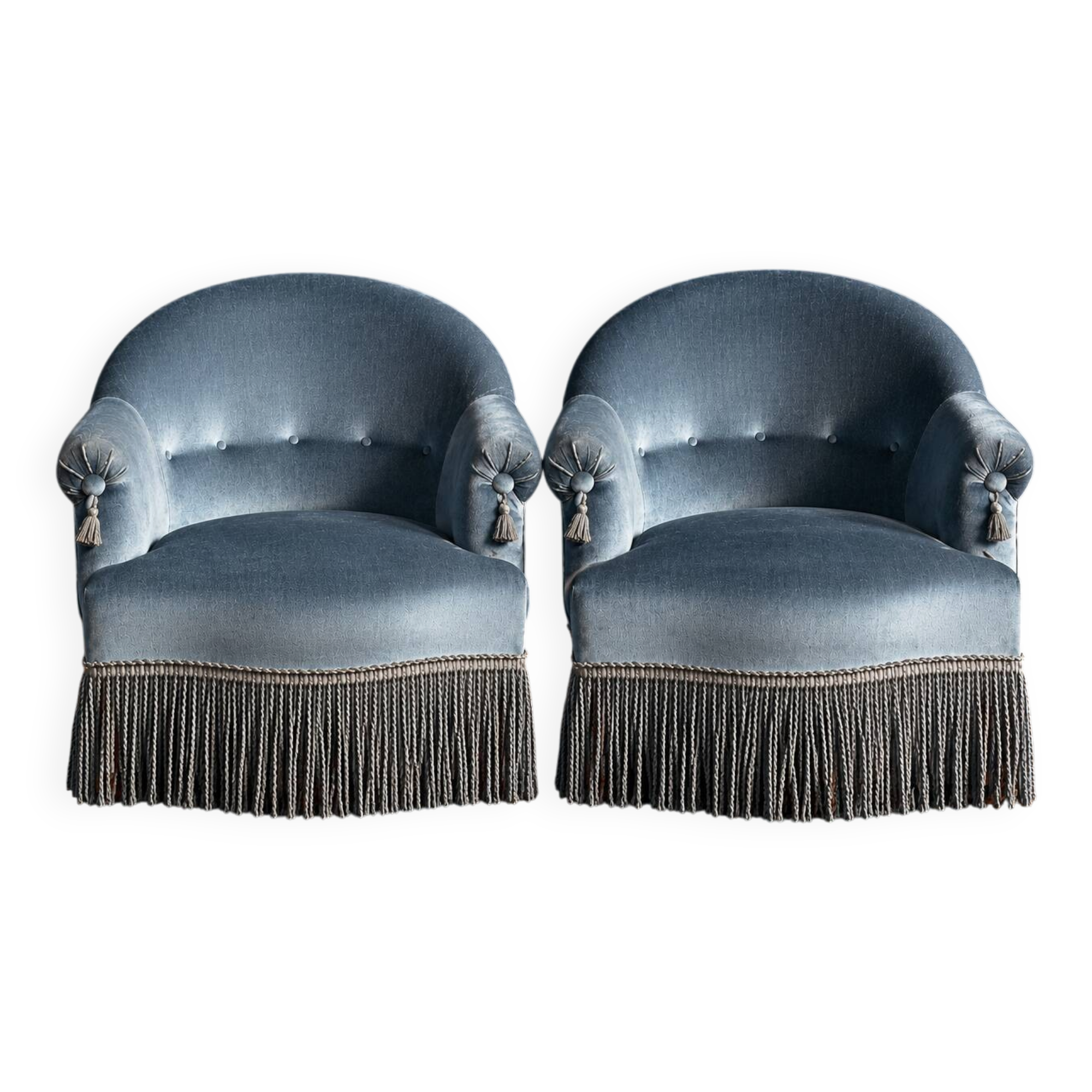 Pair of vintage blue velvet tub chairs