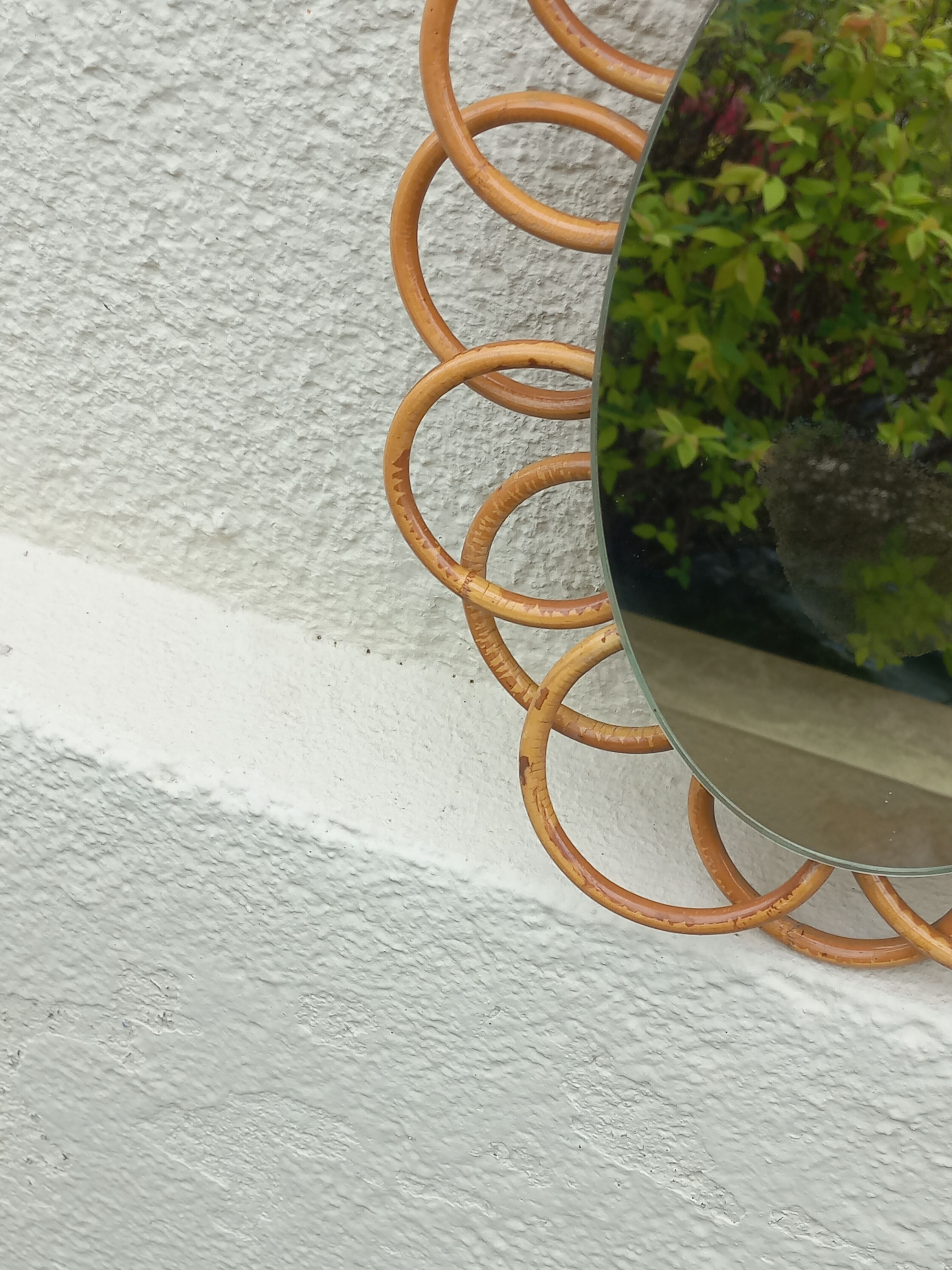 Miroir soleil ovale en rotin des années 70 25x31cm