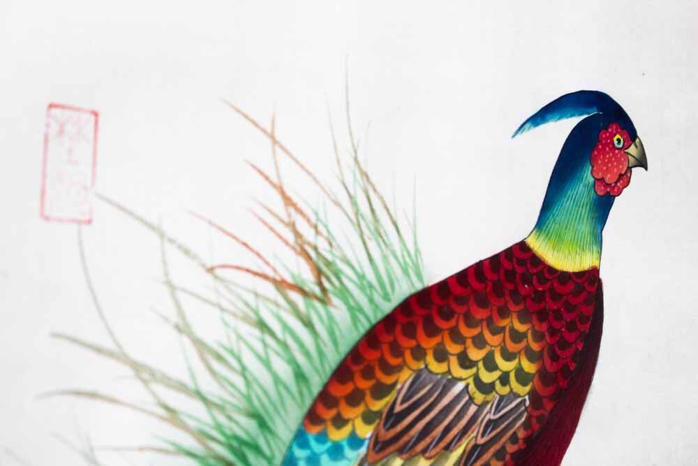 Antique asian painting on rice paper in high quality wood frames, c 1910s