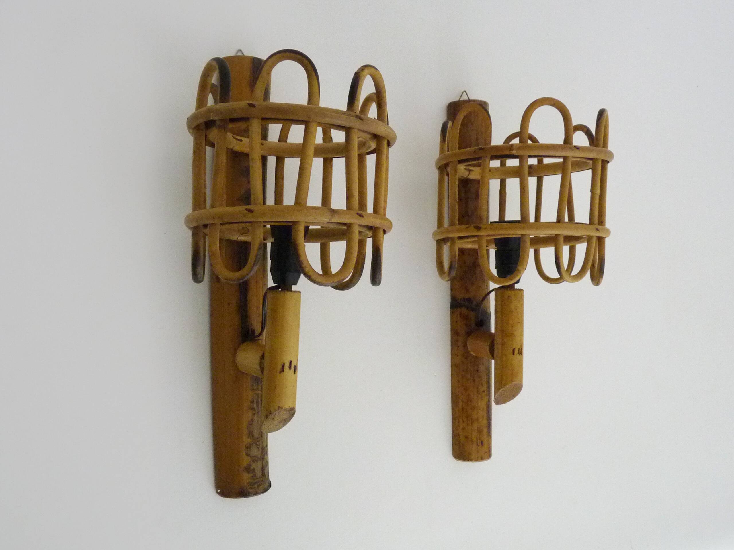 Pair of rattan bamboo lantern wall lights. 1950s-1960s
