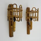 Pair of rattan bamboo lantern wall lights. 1950s-1960s