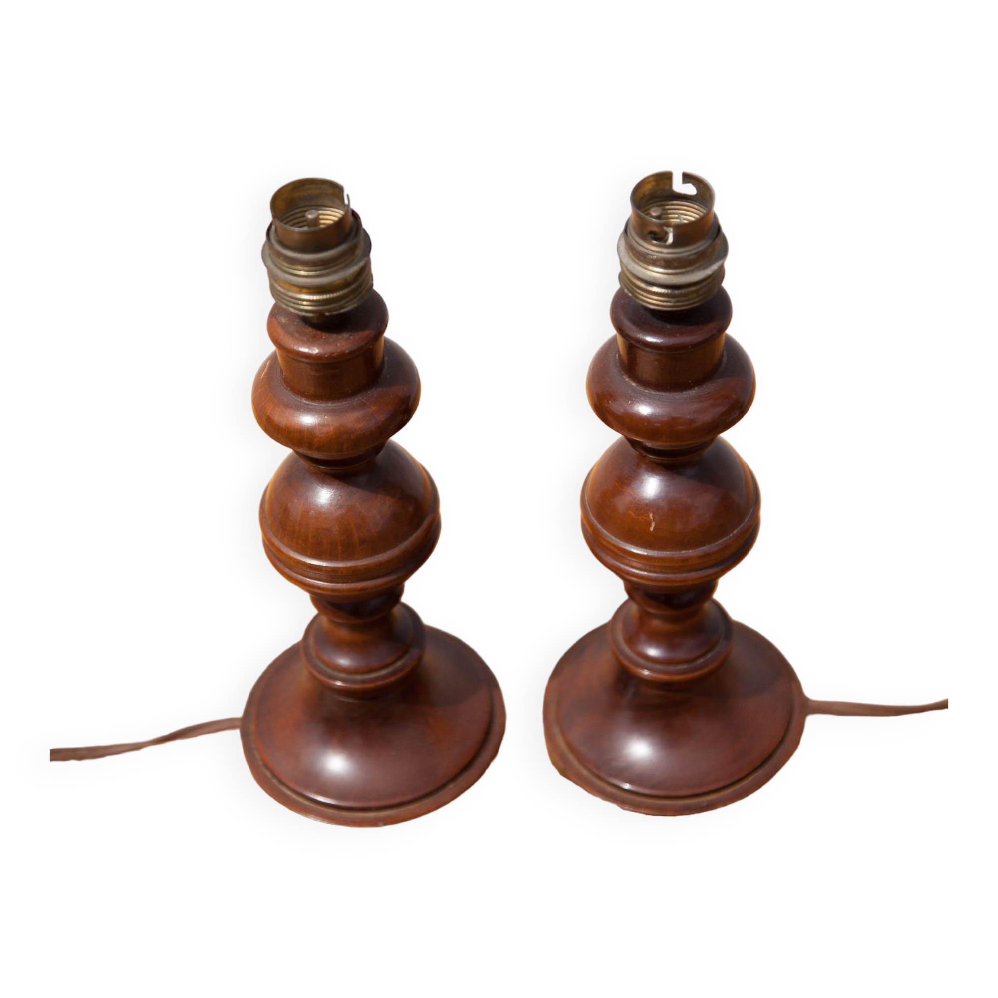 Pair of wood lamp, vintage turned wood lamp foot