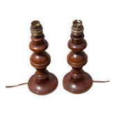 Paire de lampe bois, pied de lampe bois tourné vintage