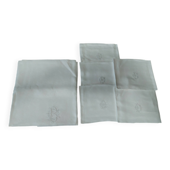 Nappe et 5 serviettes anciennes en lin damassé monogramme BC