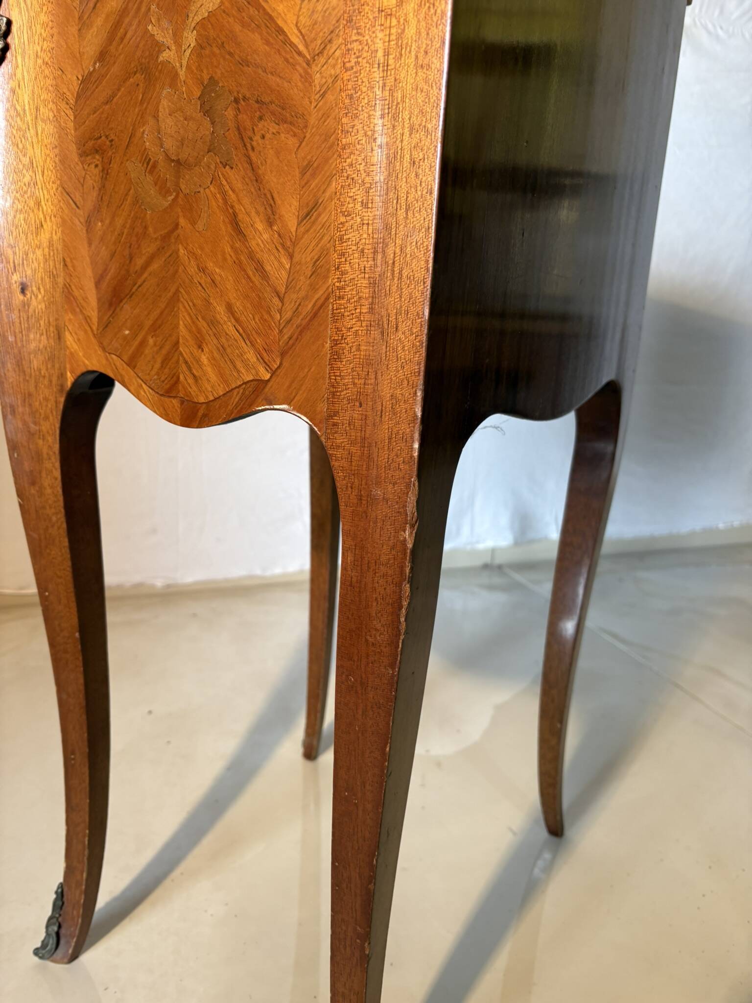 Small curved Louis XV style piece of furniture – marquetry and marble top