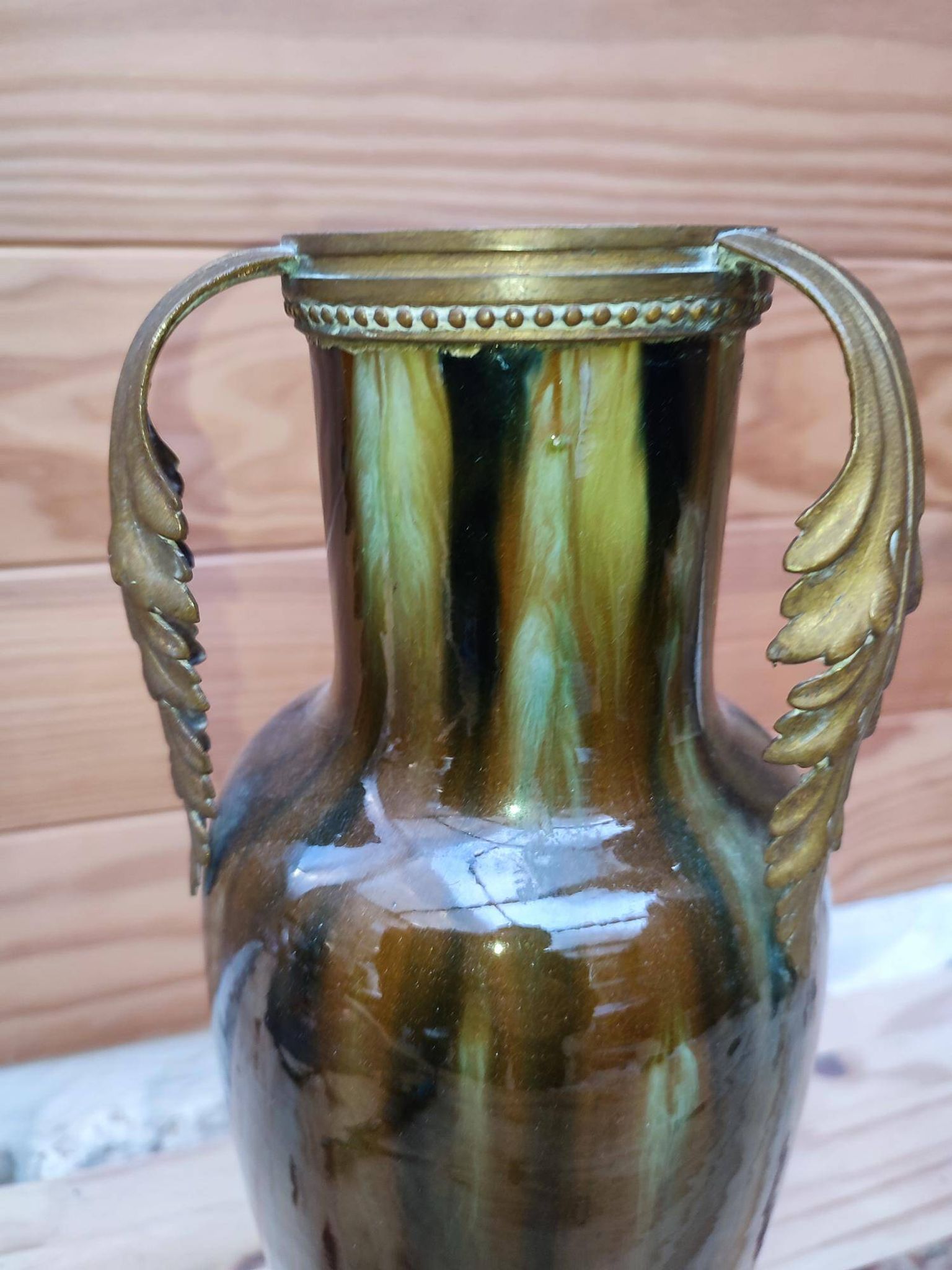 Ceramic vase with dripping in the style of jerome massier or belgian work with bronze handles