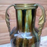 Ceramic vase with dripping in the style of jerome massier or belgian work with bronze handles