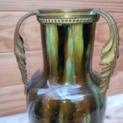 Ceramic vase with dripping in the style of jerome massier or belgian work with bronze handles