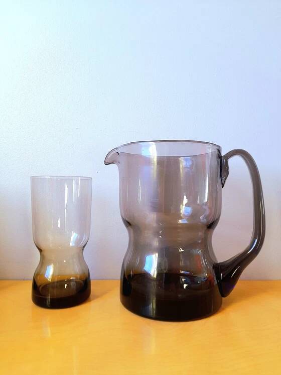 Service en verre fumé, verre et carafe 1970
