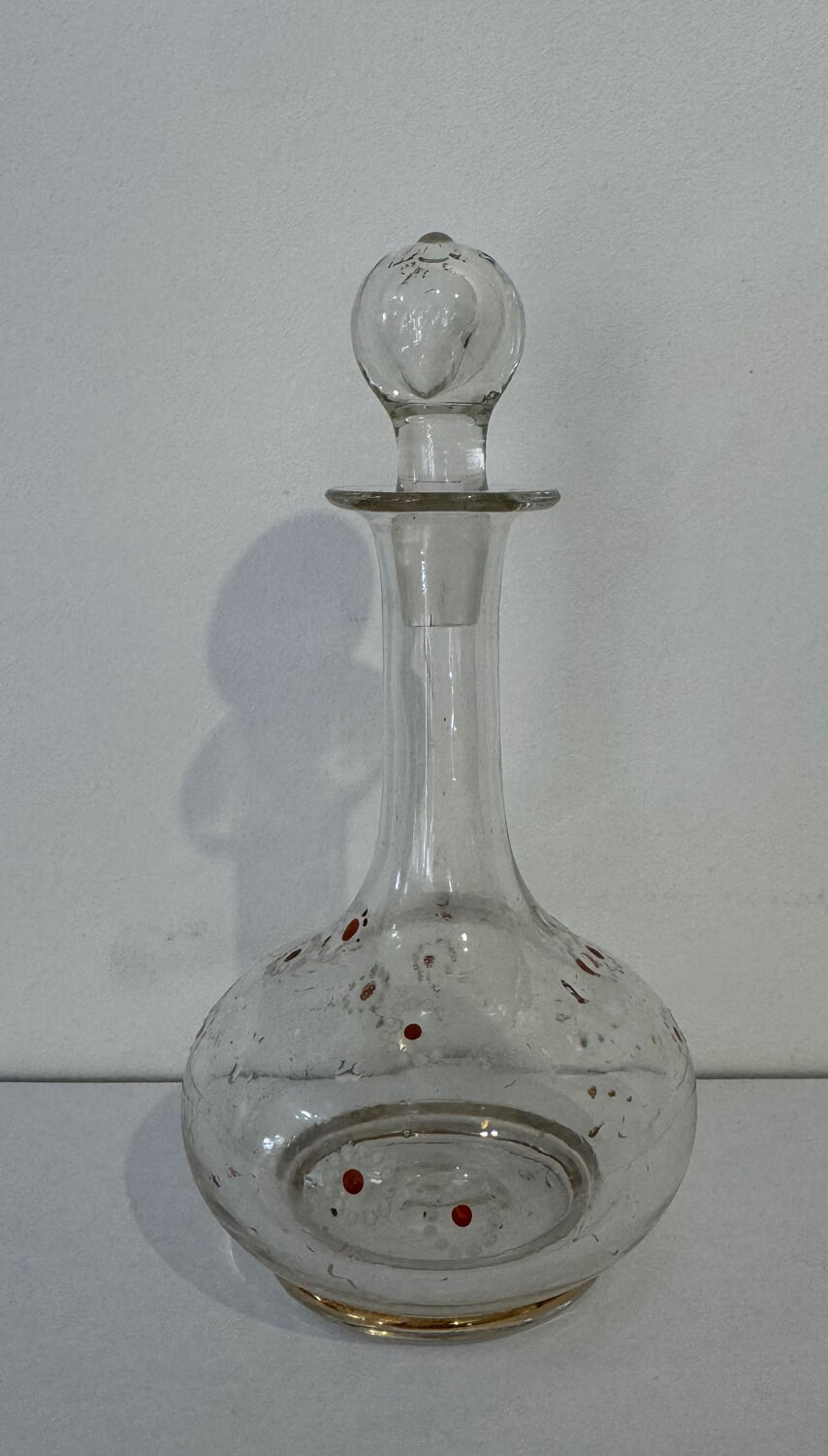 Antique blown glass carafe, enamelled with floral decoration, in the style of Legras.