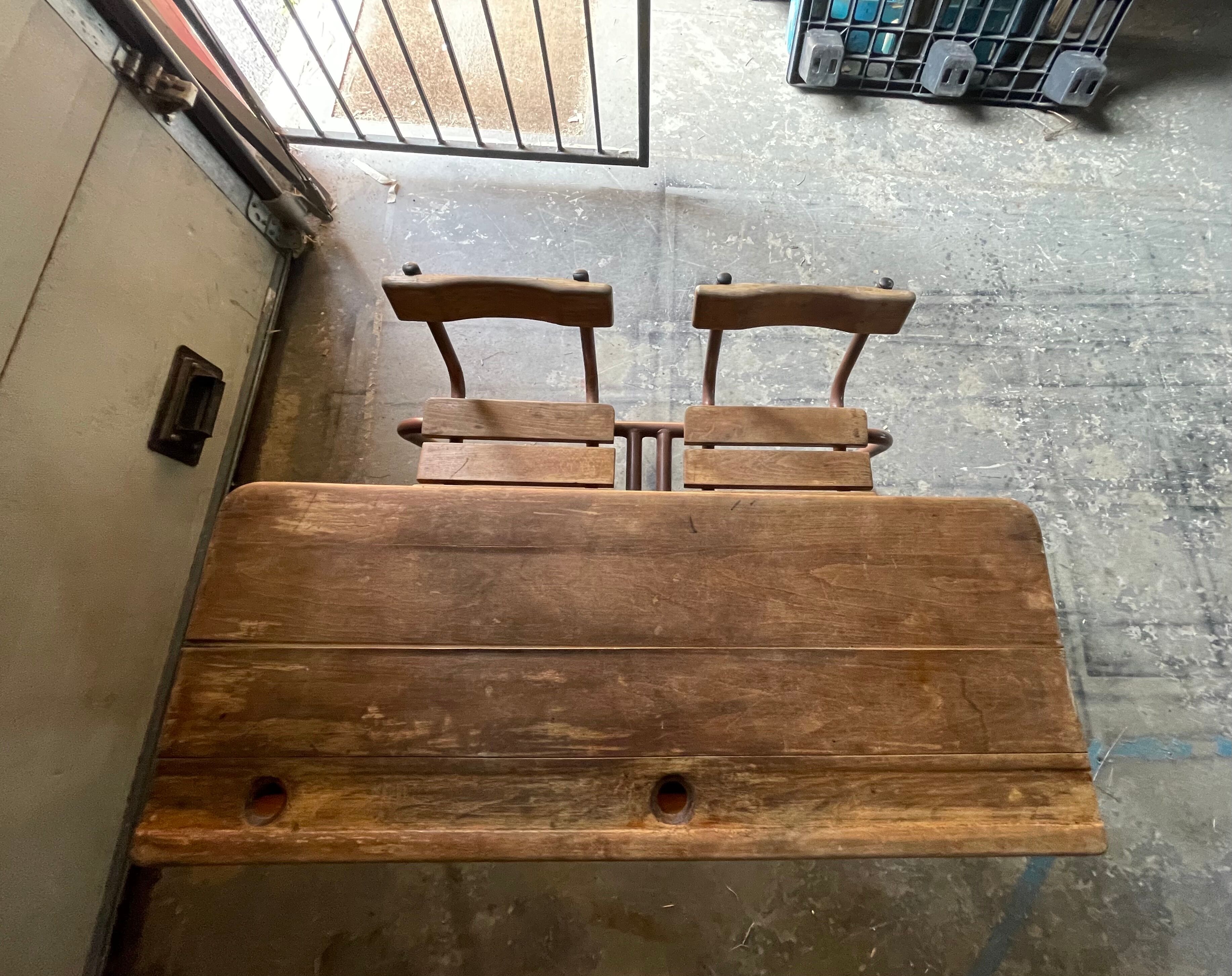 Double wooden desk and brown metal legs