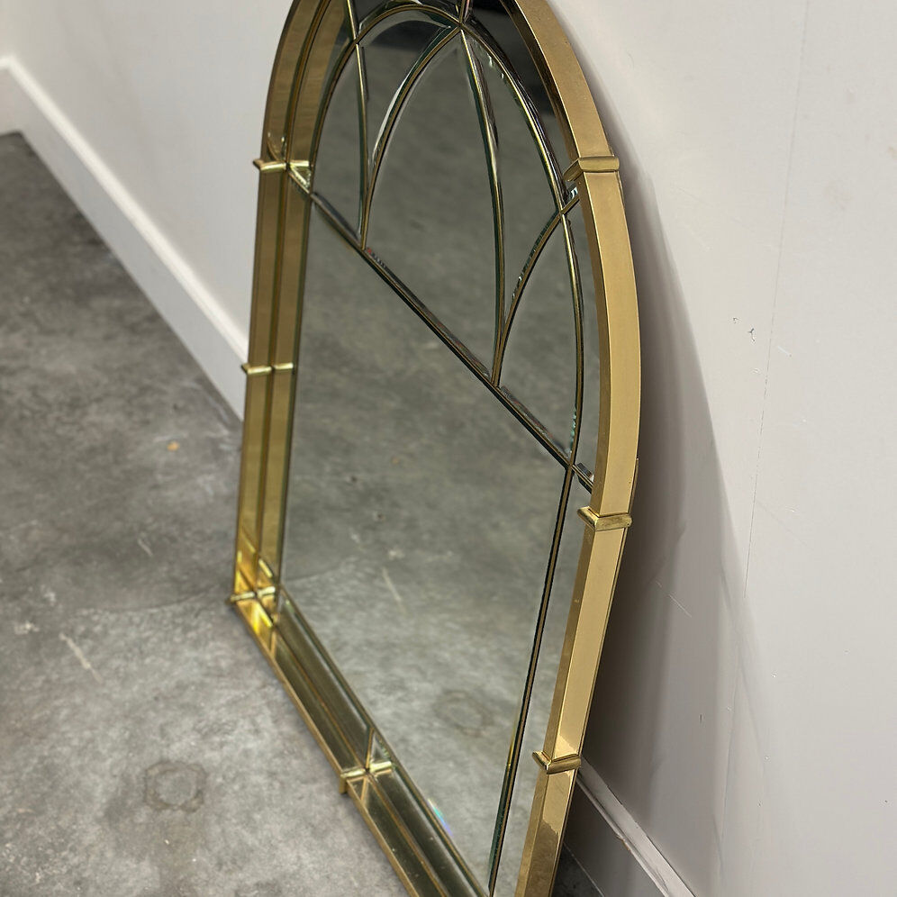 Vintage 1970s brass arched cathedral mirror – bevelled glass wall mirror