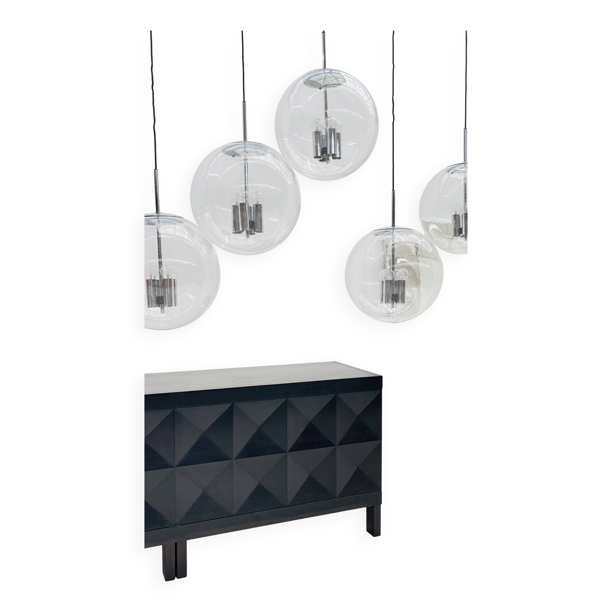 Chrome and bubbled glass balls pendants from the 1970's