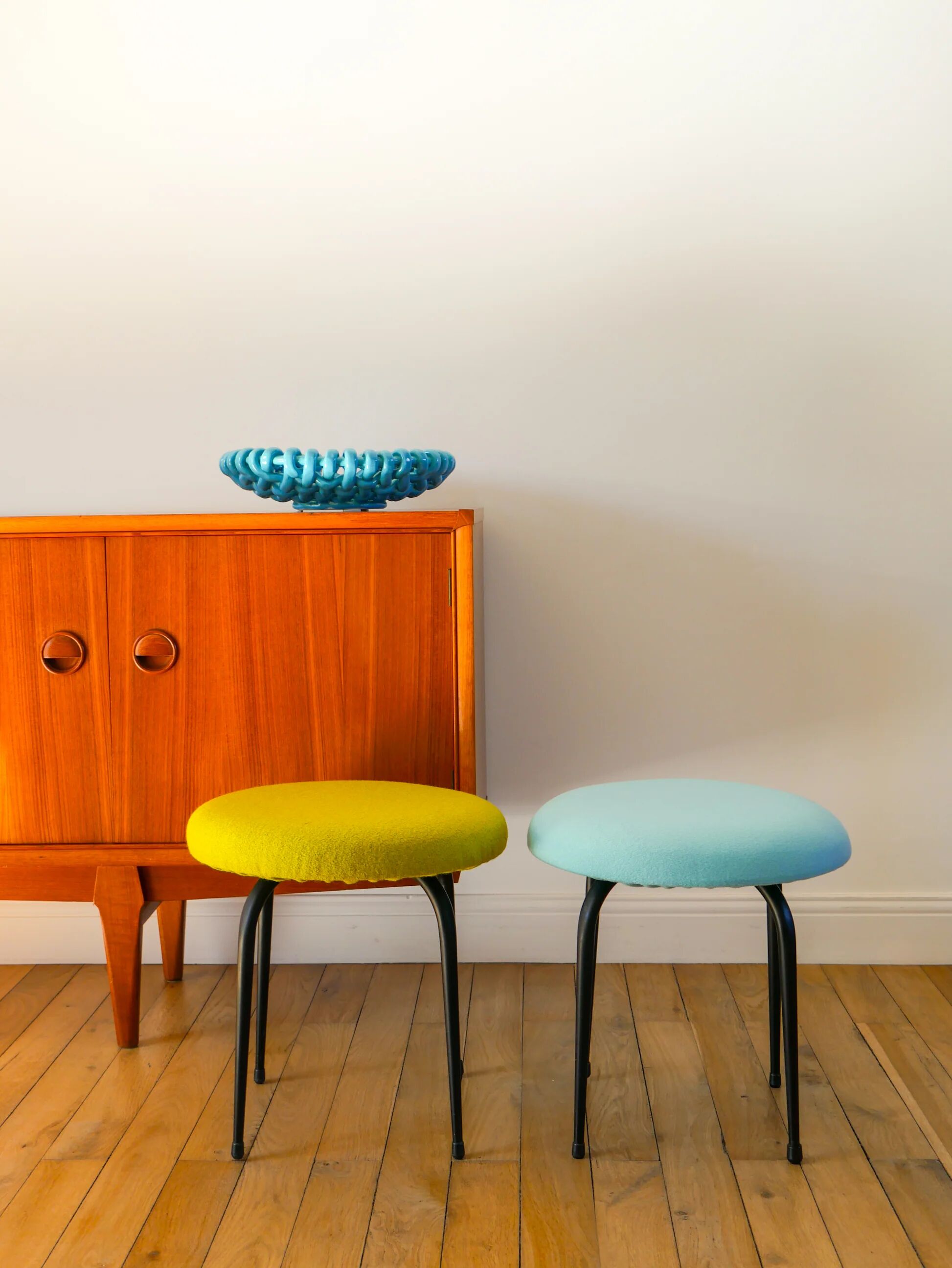 Black iron stool and boiled wool, turquoise blue, 1960