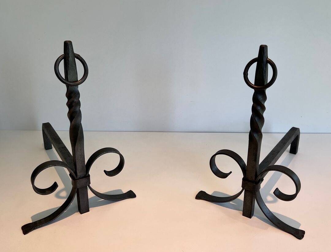 Pair of Neoclassical Fire Dogs in Wrought Iron with Twisted Columns, Finials